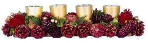 Ikebana MagicHome Vianoce, prírodná, adventná, zlaté poháriky, červená, 45 cm