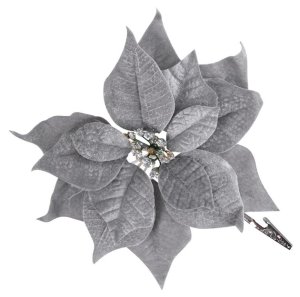 Kvet MagicHome Vianoce Poinsettia, so štipcom, strieborný, veľkosť kvetu: 25 cm, dĺžka kvetu: 26 cm,
