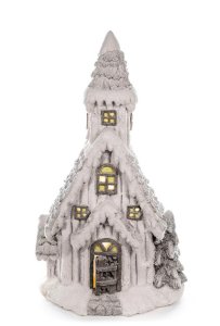Dekorácia MagicHome Vianoce, Kostol, 10 LED žltá, keramika, 3xAAA, interiér, 30x21x52 cm