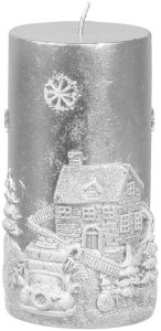 Sviečka MagicHome Vianoce, 7x12,5 cm, strieborná, s krajinkou