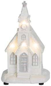 Dekorácia MagicHome Vianoce, Kostol biely, 4 LED teplá biela, 2xAAA, interiér, 10x9x17 cm