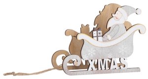 Dekorácia MagicHome Vianoce Woodeco, Santa v saniach, 19x15 cm