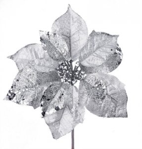 Kvet MagicHome Vianoce Poinsettia GlitterSilver, strieborná, stonka, veľkosť kvetu: 23 cm, dĺžka kve