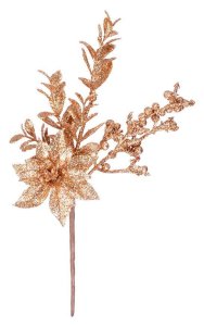 Vetvička MagicHome Vianoce, s kvetom poinsettia a bobuľkami, zlatá, 24 cm. bal. 6 ks