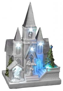 Dekorácia MagicHome Vianoce, Kostol s betlehemom, 6 LED biela + multi, 3xAA, interiér, 17x13x25 cm