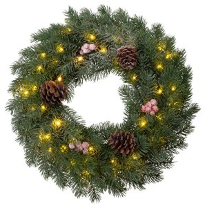Veniec MagicHome Vianoce, prírodný, zasnežený, 48 LED, IP20, 2xAA, 40 cm