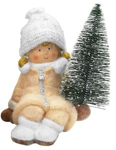 Postavička MagicHome Vianoce, Dievčatko so stromčekom, terakota, 14,5x13x17 cm