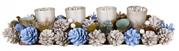 Ikebana MagicHome Vianoce, prírodná, adventná, strieborné poháriky, modrá, 45 cm
