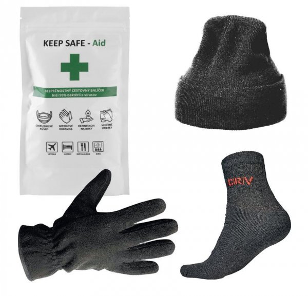Darčekový set - KEEP SAFE dezinfekcia, čiapka, rukavice, ponožky