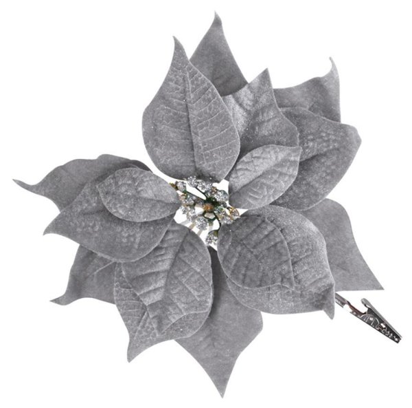 Kvet MagicHome Vianoce Poinsettia, so štipcom, strieborný, veľkosť kvetu: 25 cm, dĺžka kvetu: 26 cm,