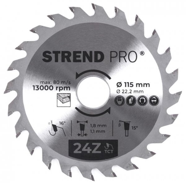 Kotúč Strend Pro TCT 115x1.8x22.2 mm 24T, na drevo, pílový, SK plátkami