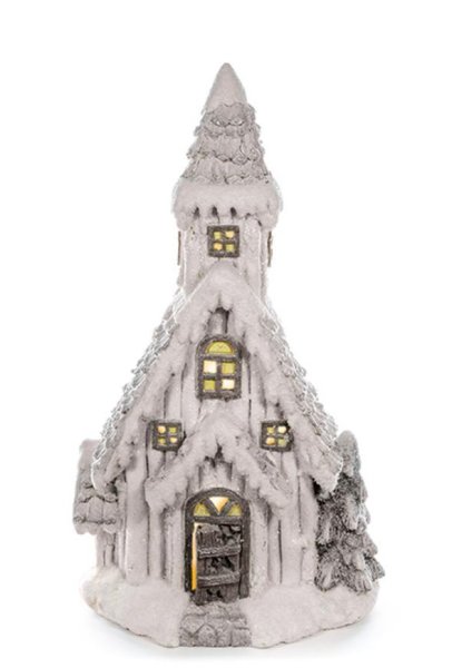 Dekorácia MagicHome Vianoce, Kostol, 10 LED žltá, keramika, 3xAAA, interiér, 30x21x52 cm