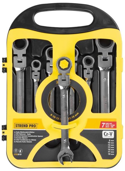 Sada kľúčov Strend Pro CSS819, 07 dielna, očkoploché, račňové s kĺbom, 8-19 mm