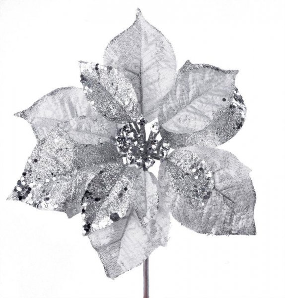 Kvet MagicHome Vianoce Poinsettia GlitterSilver, strieborná, stonka, veľkosť kvetu: 23 cm, dĺžka kve