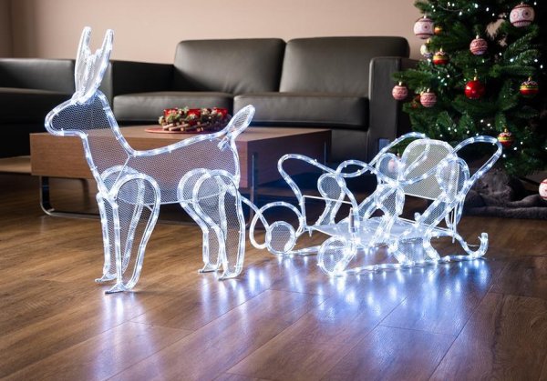 Dekorácia MagicHome Vianoce, Sob so saňami, 312 LED studená biela, 230V, 50 Hz, exteriér, 59x132x30 