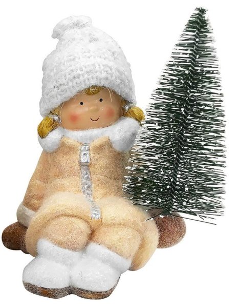 Postavička MagicHome Vianoce, Dievčatko so stromčekom, terakota, 14,5x13x17 cm